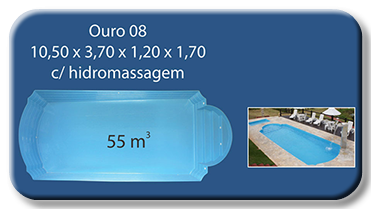 Piscina de Fibra modelo Ouro 8 medindo 10,50 x 3,70 x 1,20 x 1,70